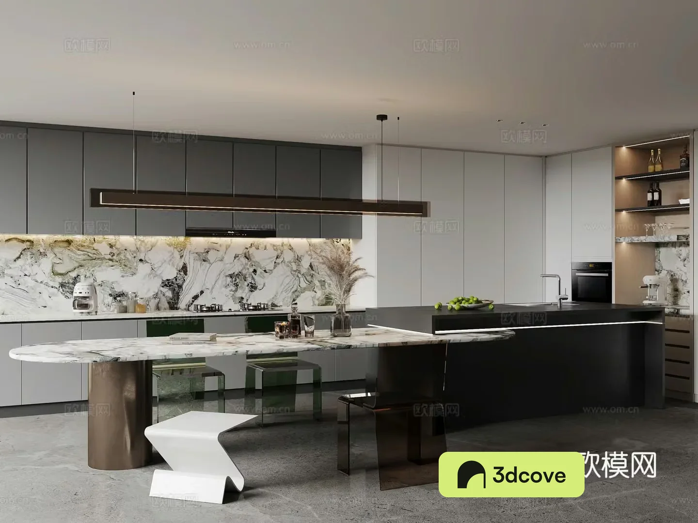 Modern minimalist island restaurant open kitchen dining table and chair combination chandelier