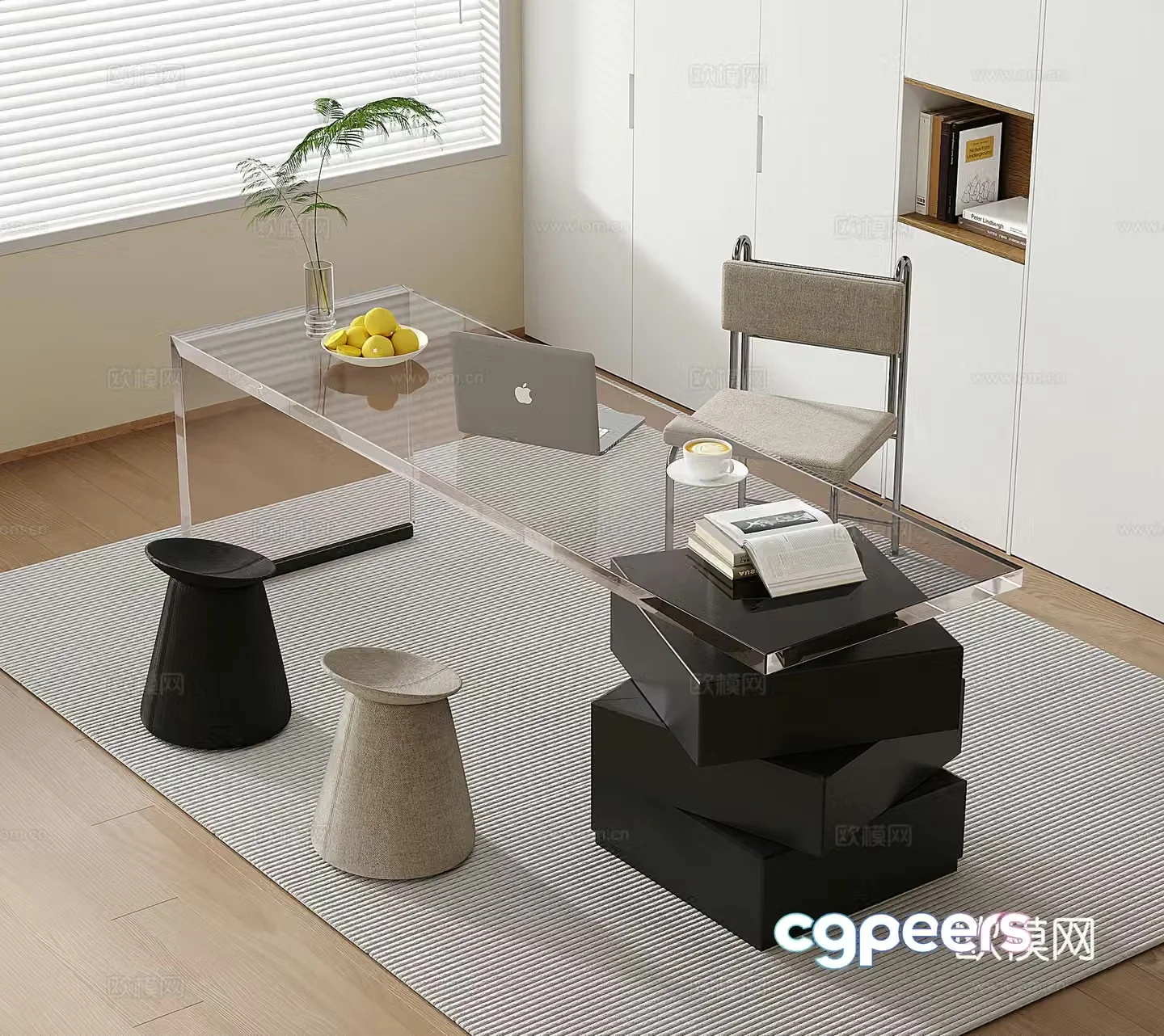 Modern desk and chair desk acrylic transparent single chair 3d model