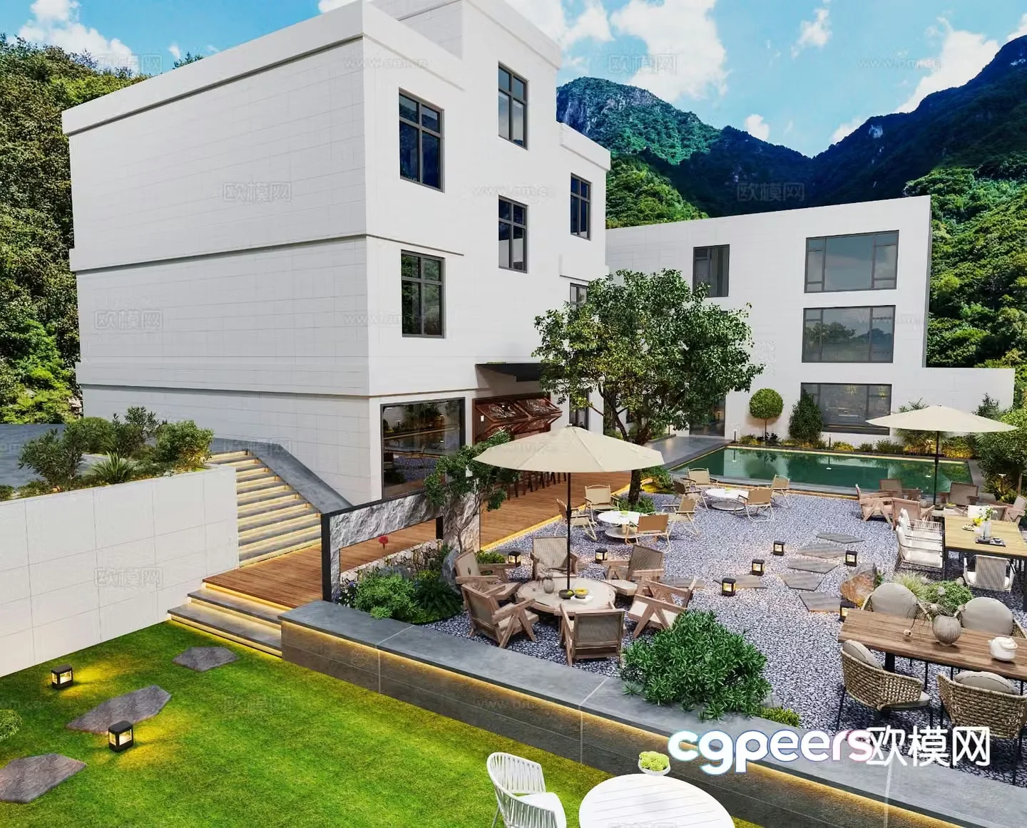 Modern outdoor cafe B&B courtyard 3D model