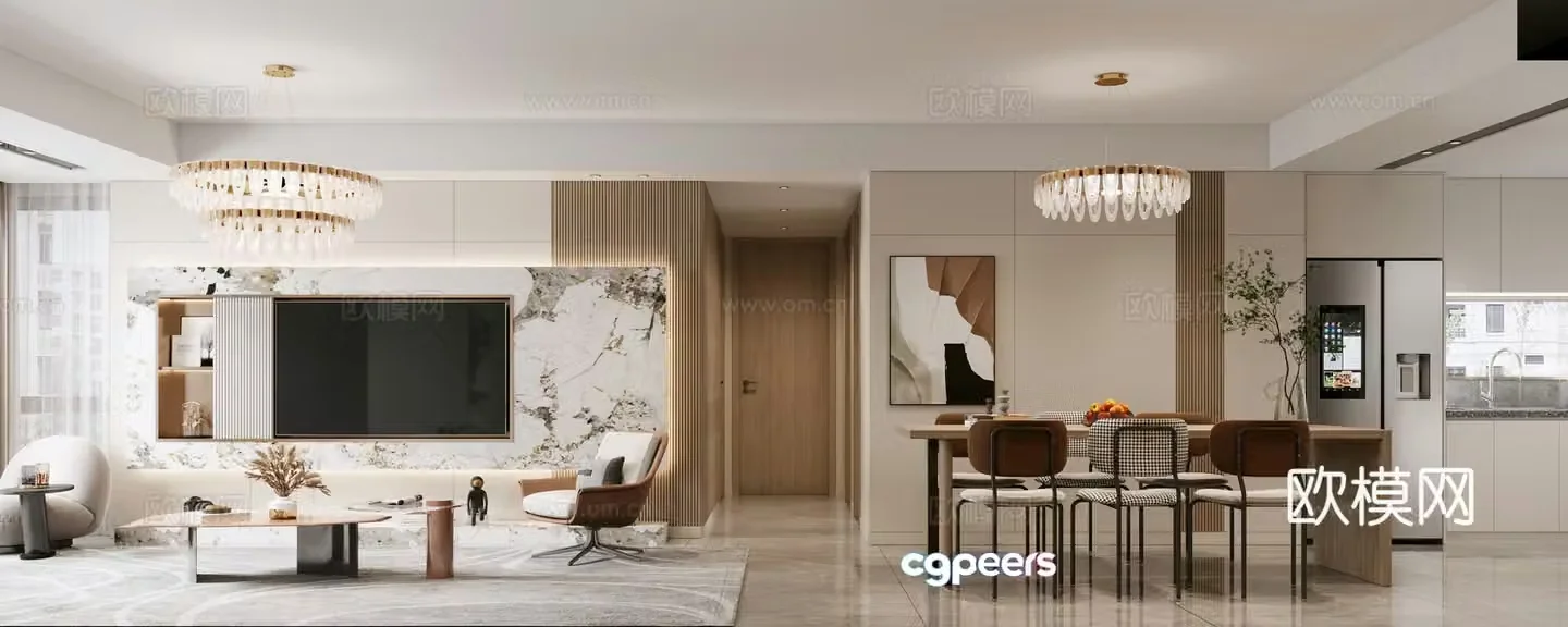 Modern living and dining room 3d model