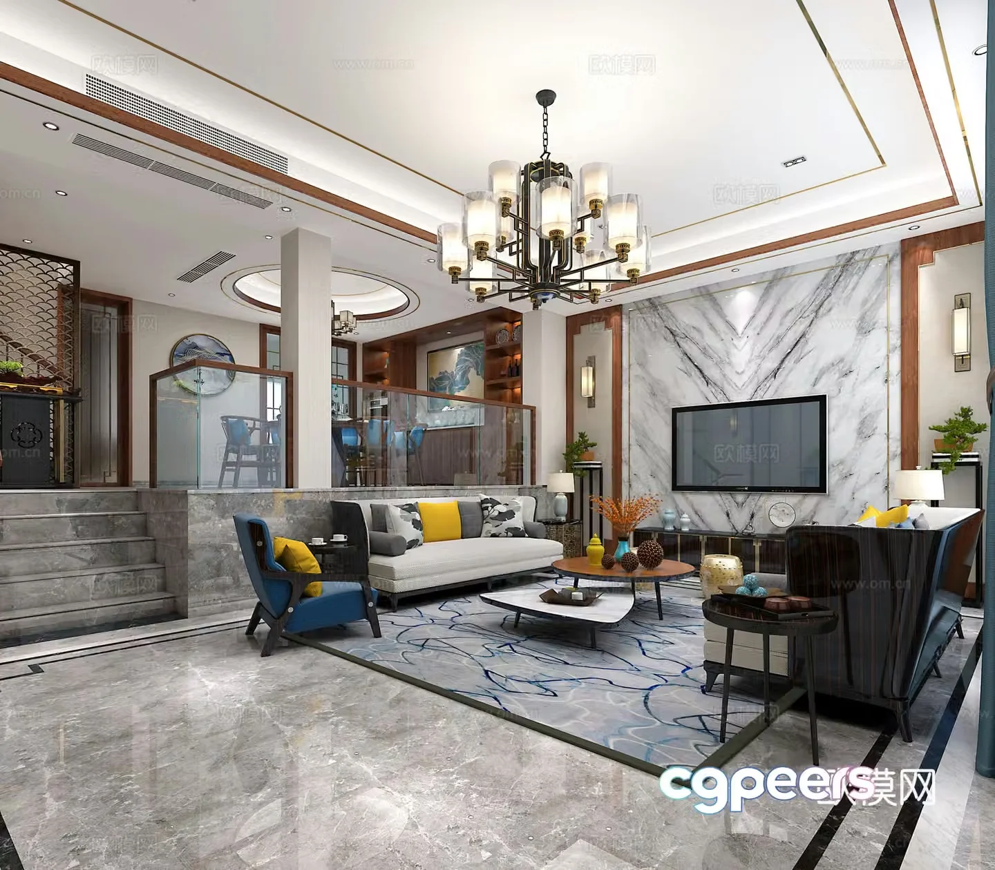 New Chinese living room and dining room New Chinese sofa coffee table combination Dining table and chair combination Decoration 3D model