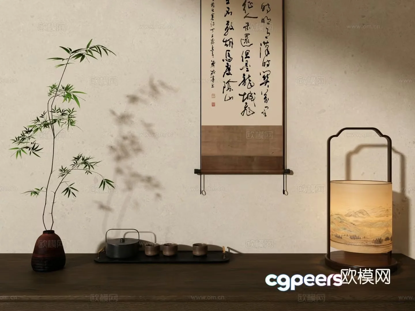 New Chinese style table lamp hanging painting green plant tea set ornament combination 3D model