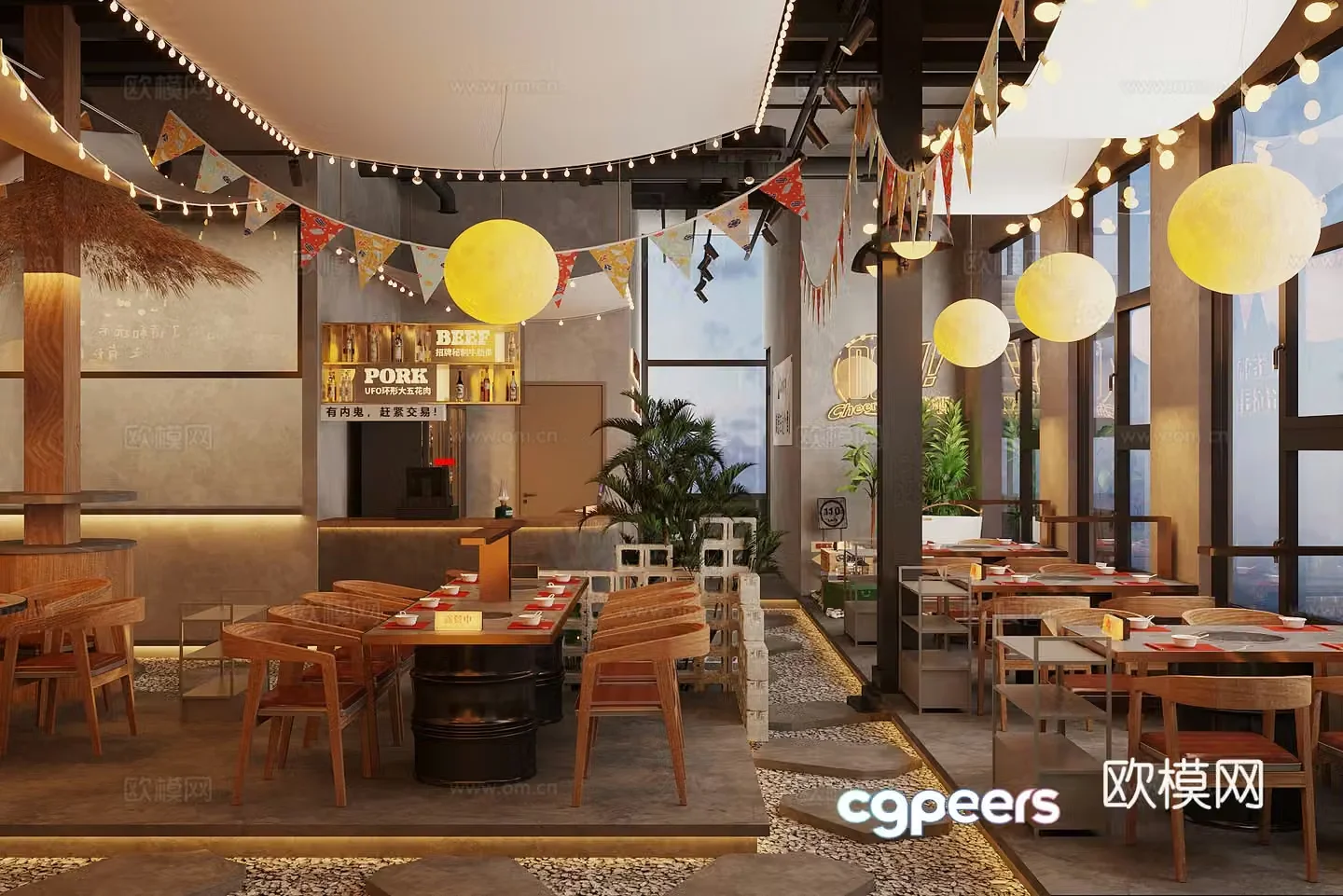 Industrial style tea restaurant hot pot restaurant barbecue barbecue restaurant hot pot table and chair star lamp moon lamp 3d model