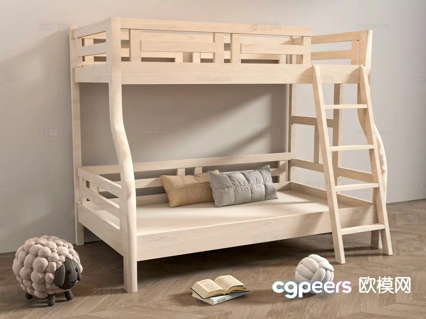 Log style children’s bed bunk bed 3D model
