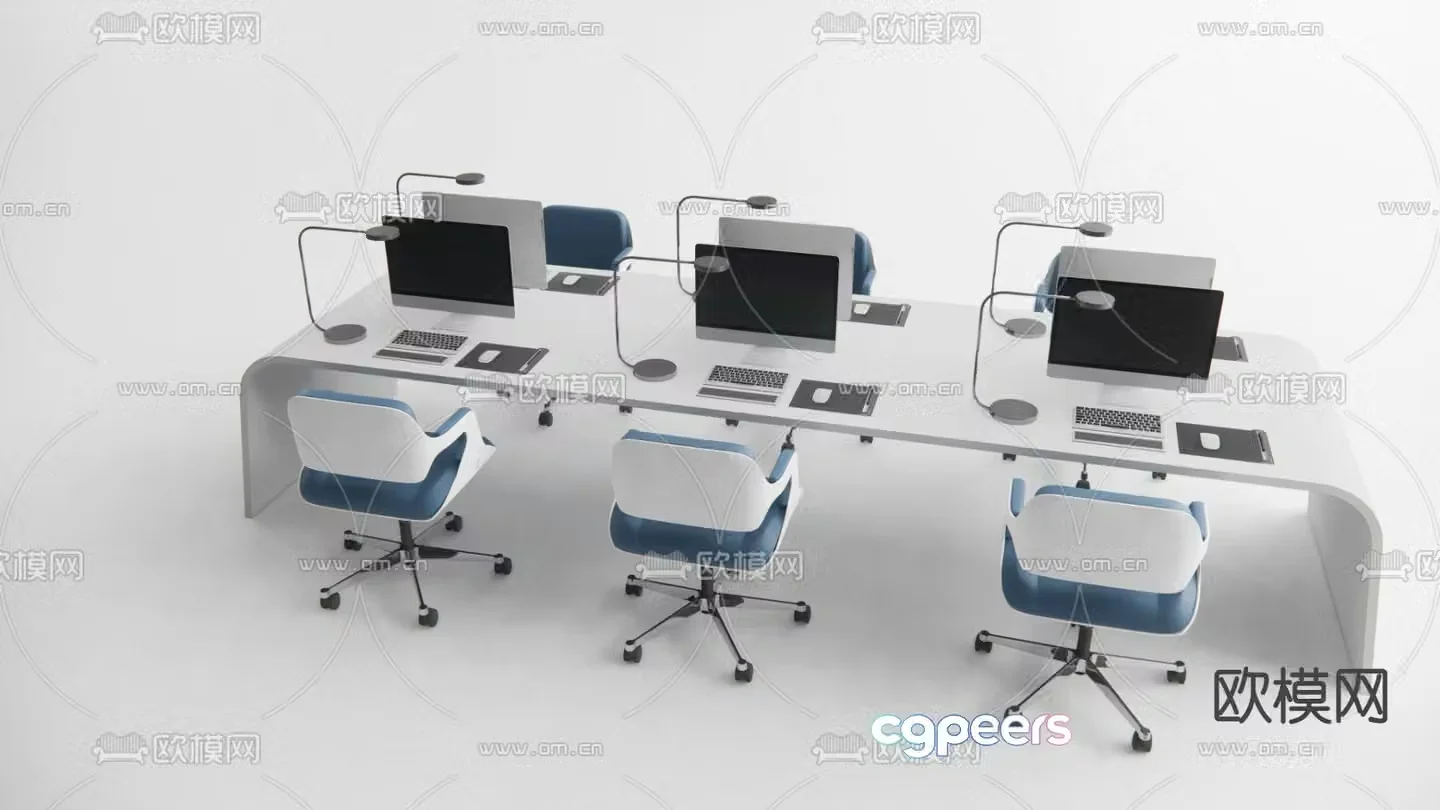 Office desks and chairs staff tables and chairs 3D model of desks with card positions
