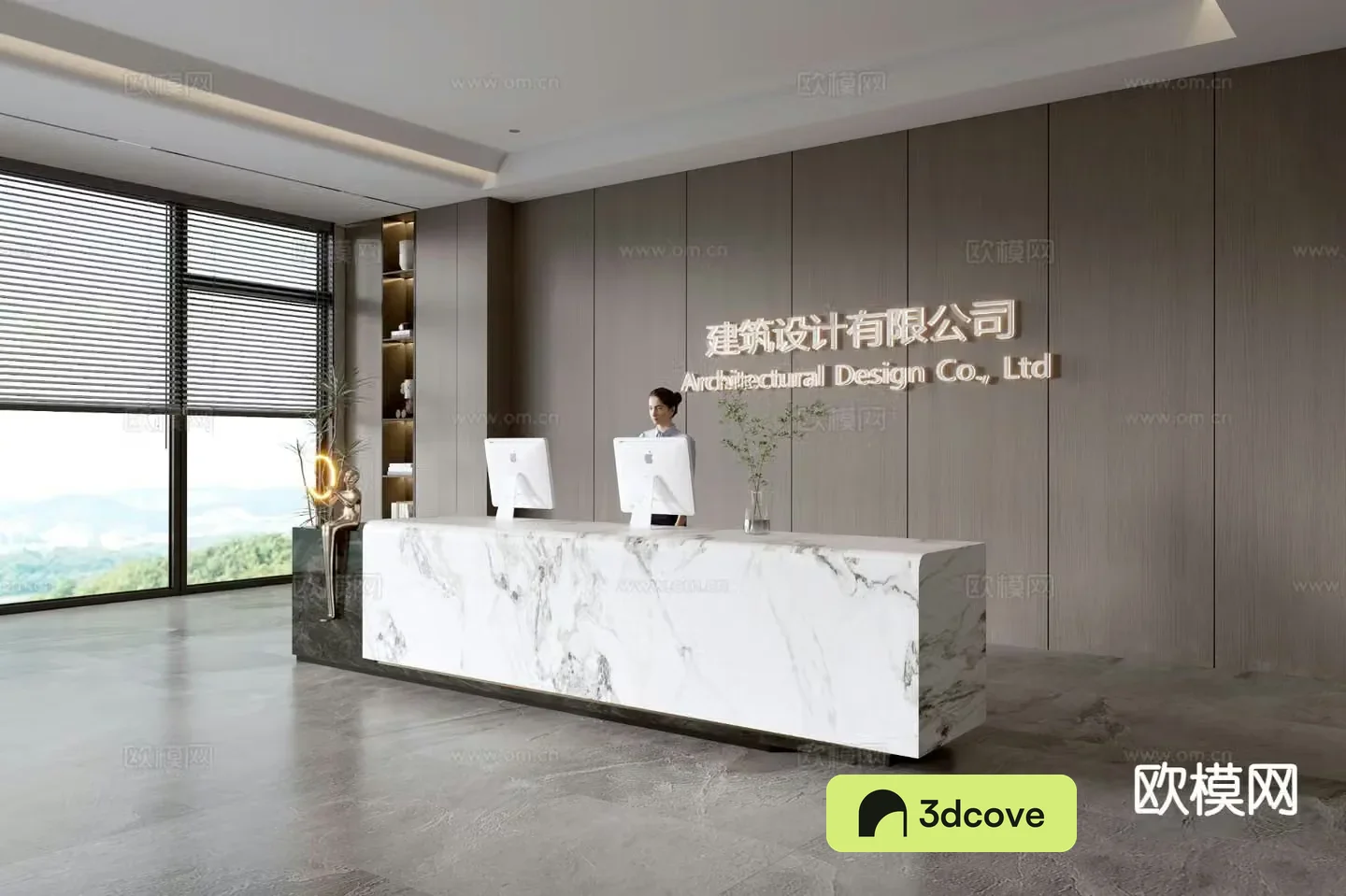 Modern company front desk reception desk corporate wall