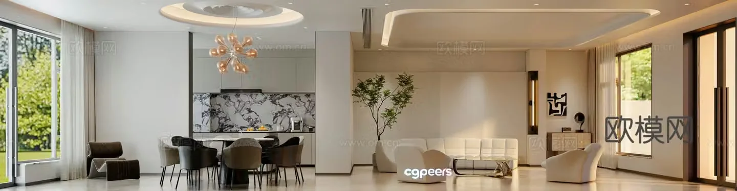 Modern living and dining room 3d model
