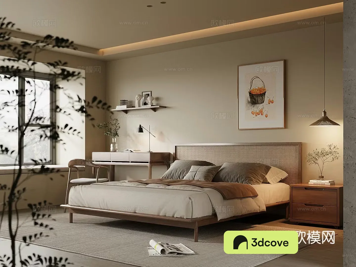 Middle-aged home bedroom solid wood double bed bedside table solid wood desk and chair chandeliers 3D model