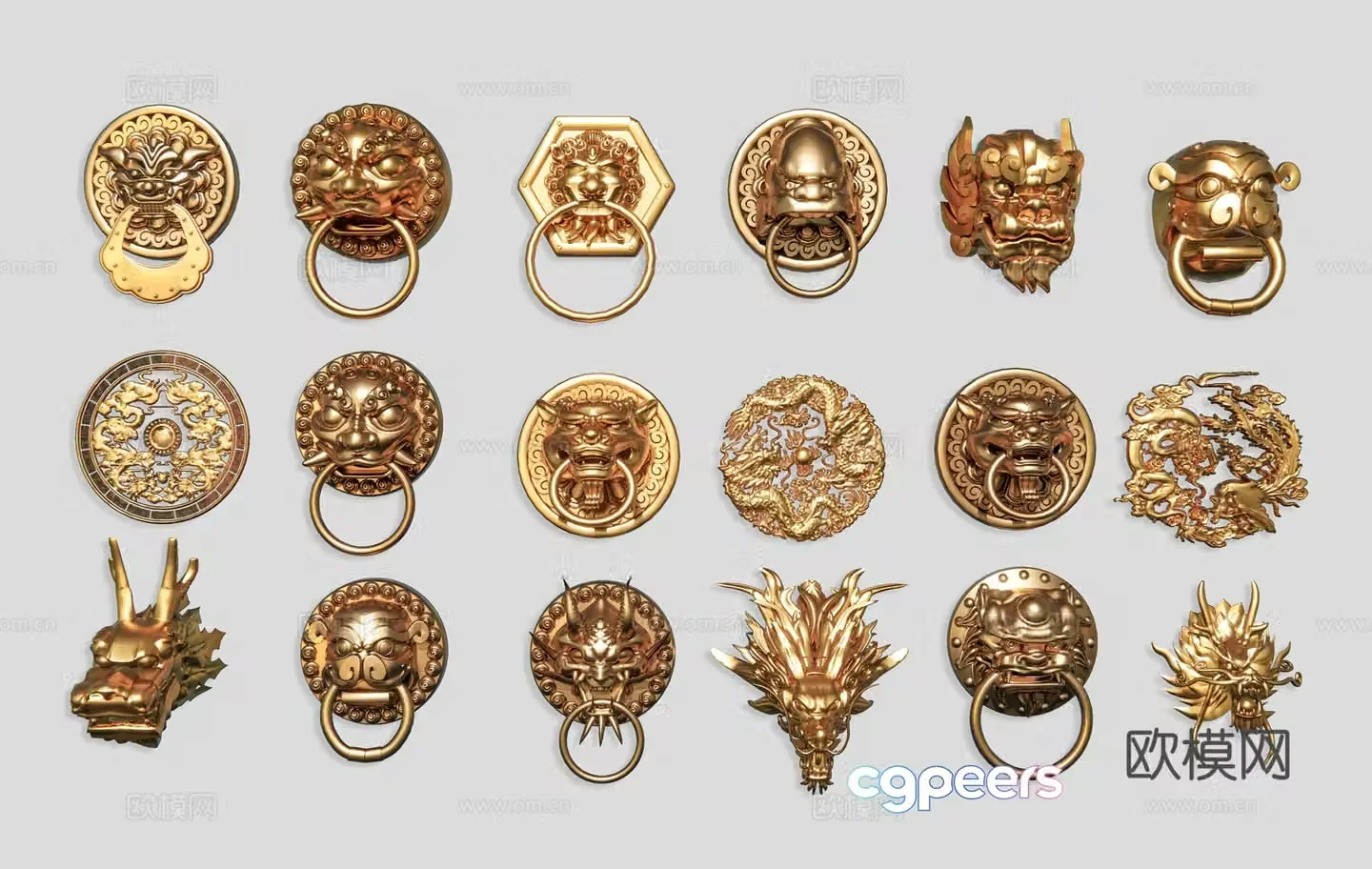 Chinese style animal copper door handle New Chinese style handle door brass handle courtyard door handle door 3D model