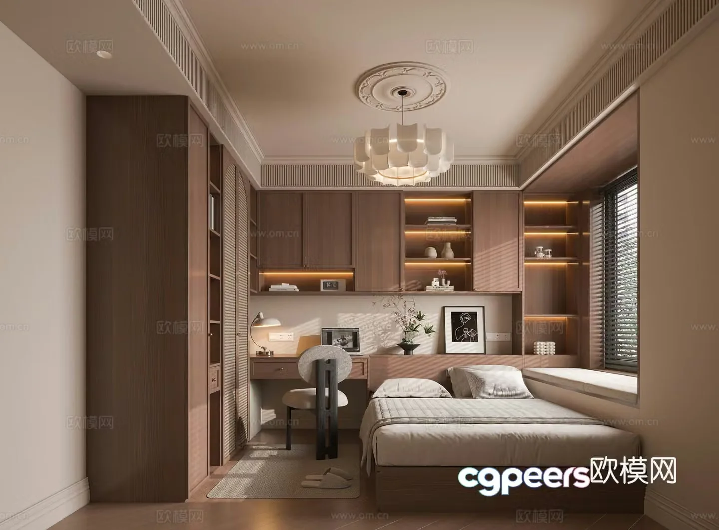 Middle style tatami room boy room bay window bedroom wardrobe desk combination open grid decorative cabinet art chandeliers 3D model