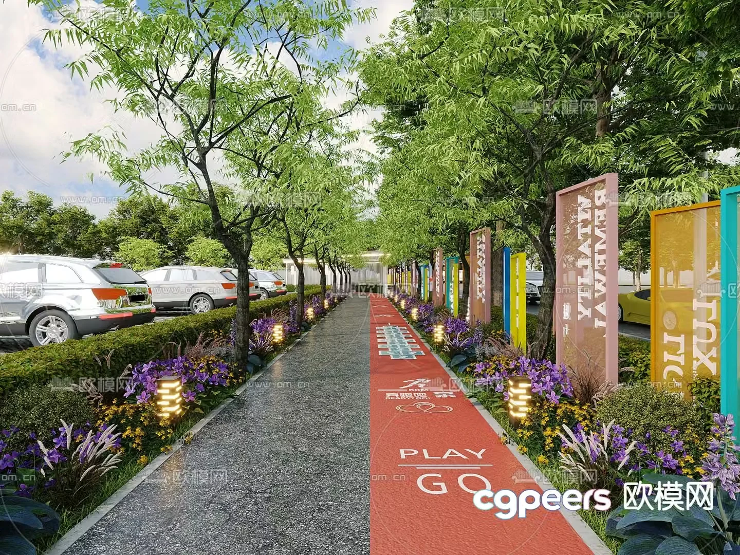 tree lined path sidewalk 3d model