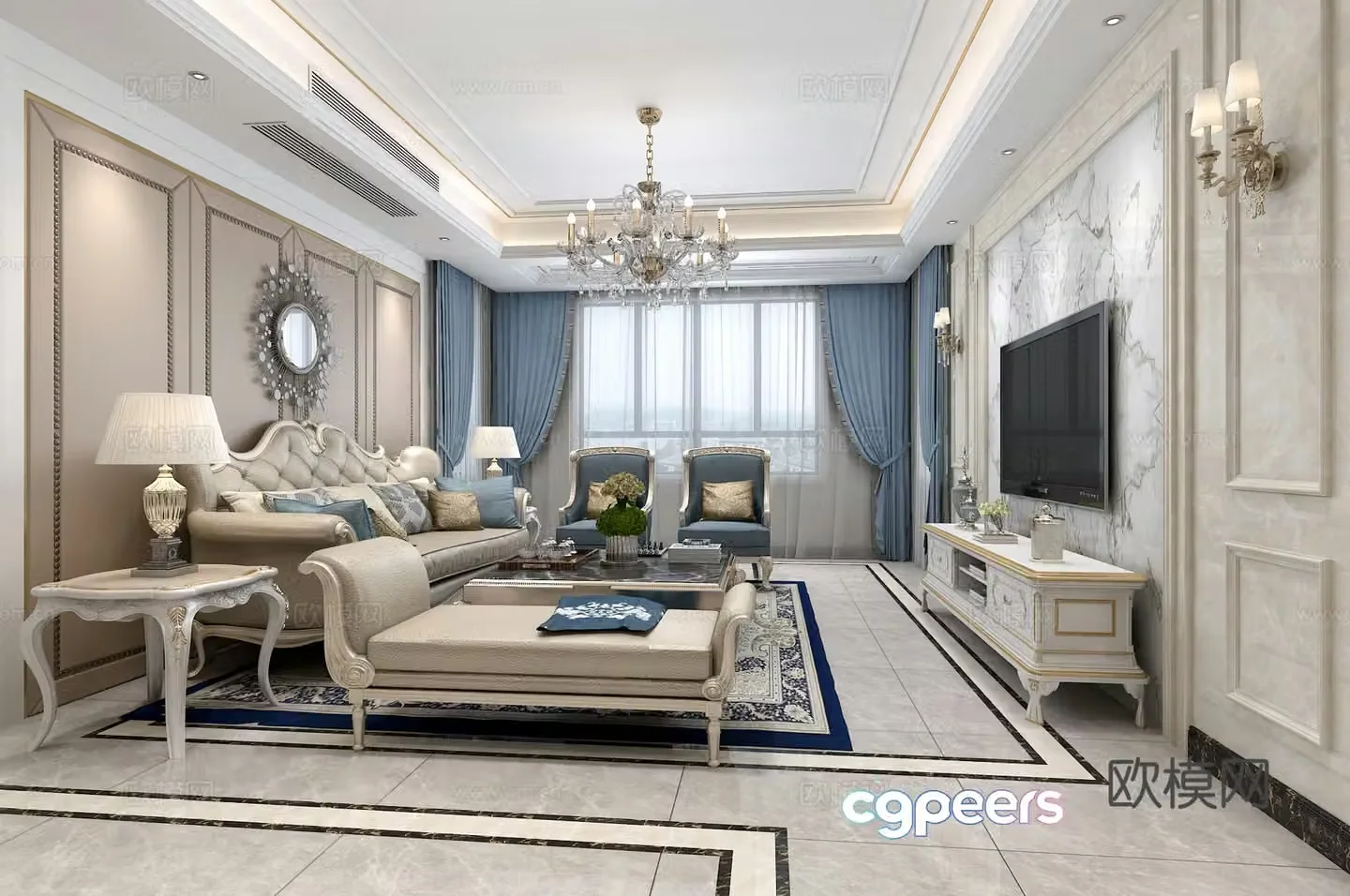 European-style simple living restaurant chandeliers table lamp multi-person sofa single sofa coffee table 3D model