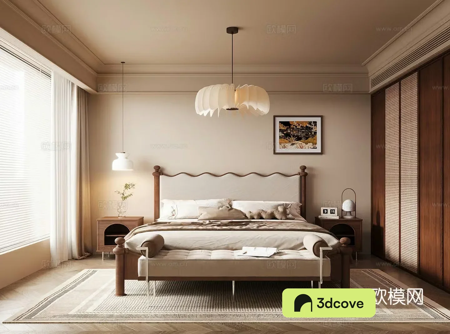 Middle style bedroom wardrobe double bed 3d model