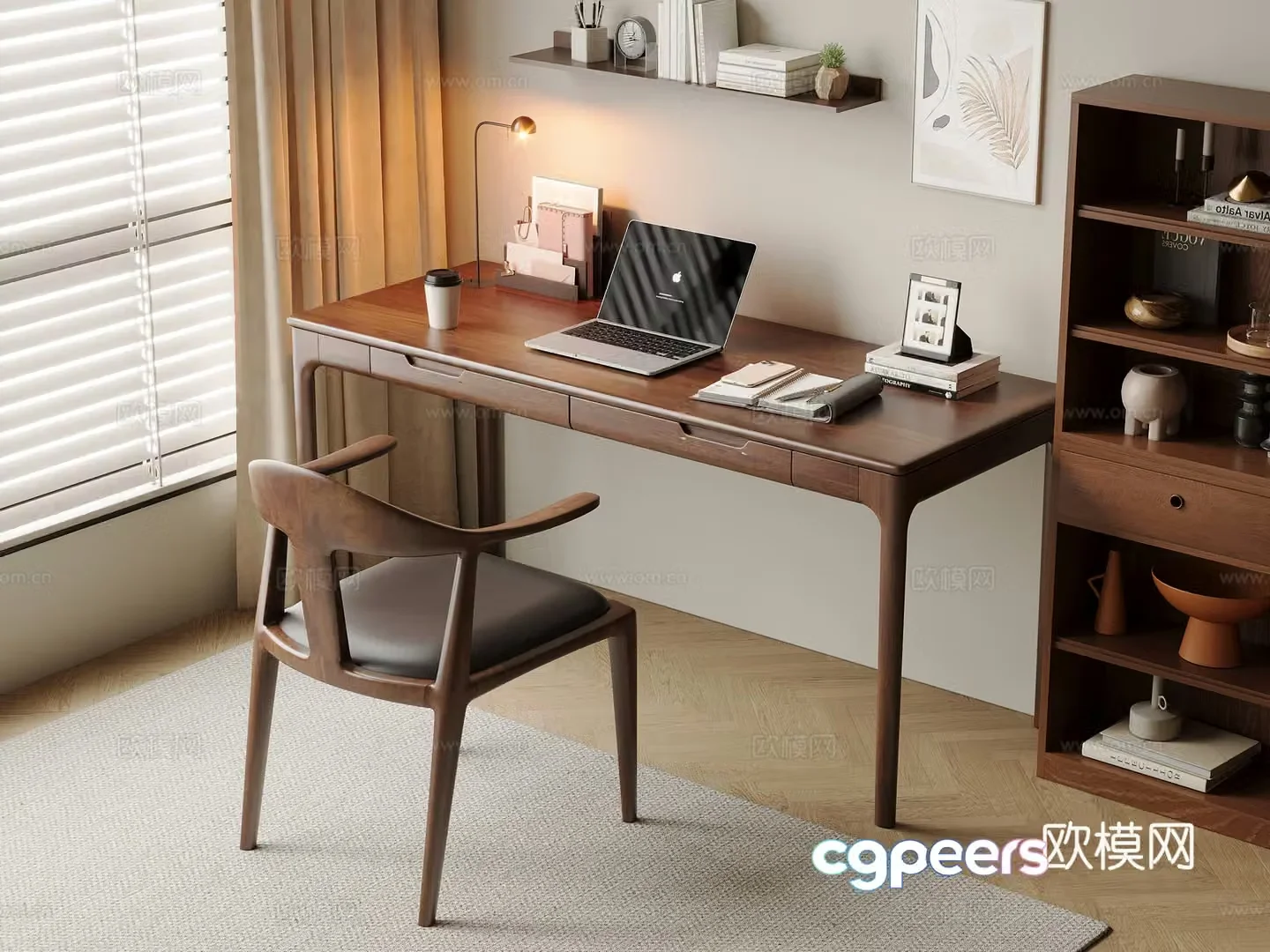 Middle-aged style desk and chair solid wood computer desk and chair writing desk study desk and chair solid wood single chair bookcase 3D model