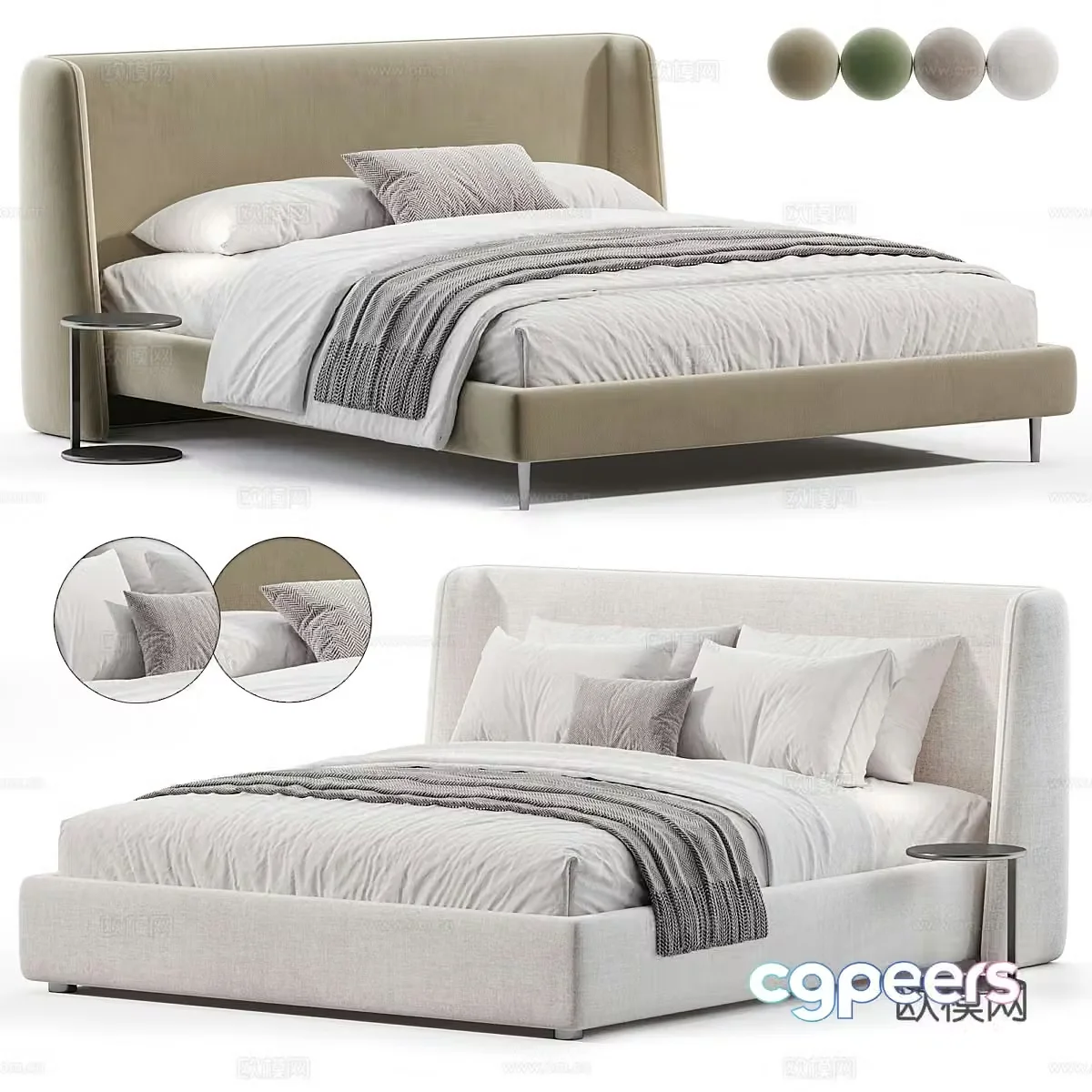 Modern Italian cream style fabric double bed 3d model