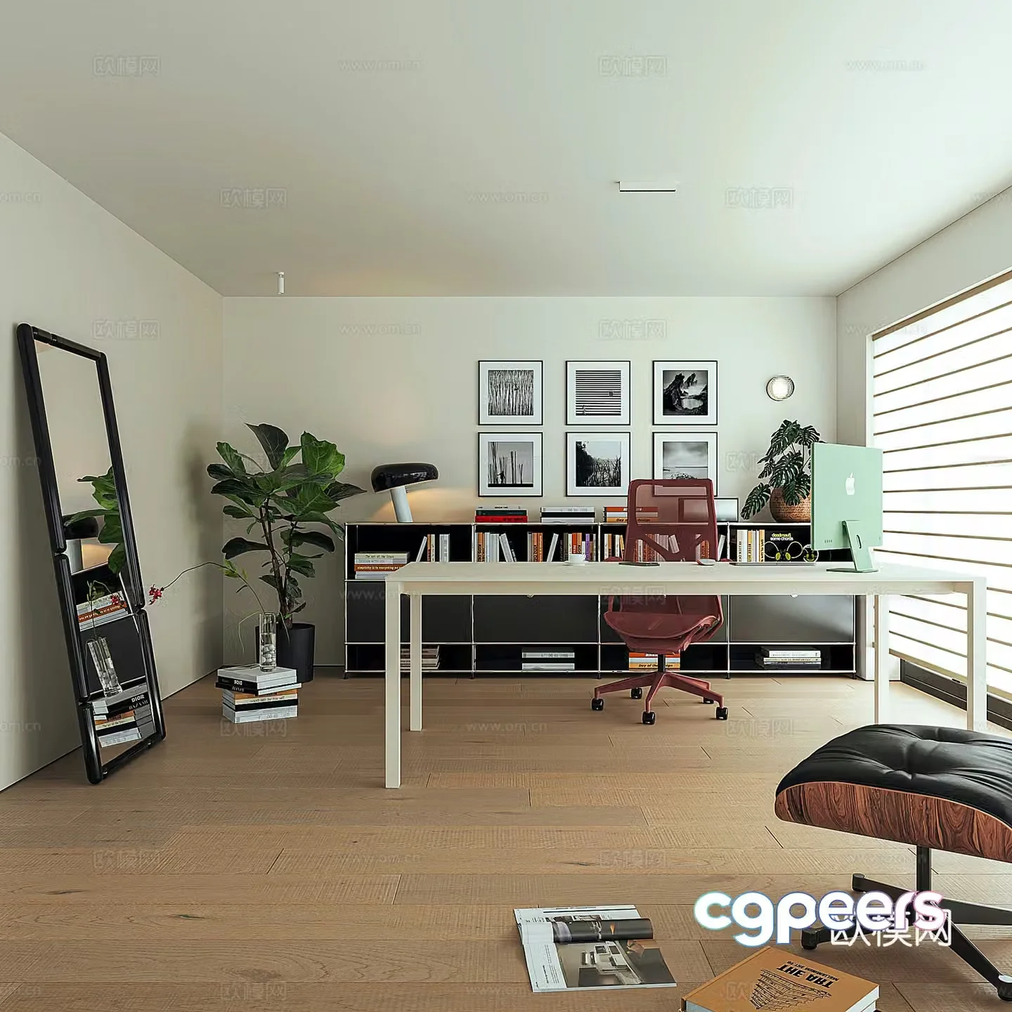 Modern minimalist study Eames lounge chair chieftain chair USM chest of drawers dream curtain dressing mirror 3d model