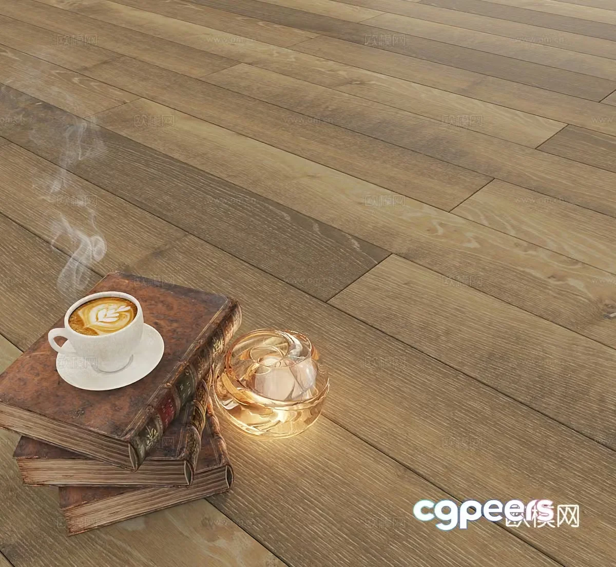 Middle-aged wood floor retro wood floor old wood floor ancient books coffee cup 3d model