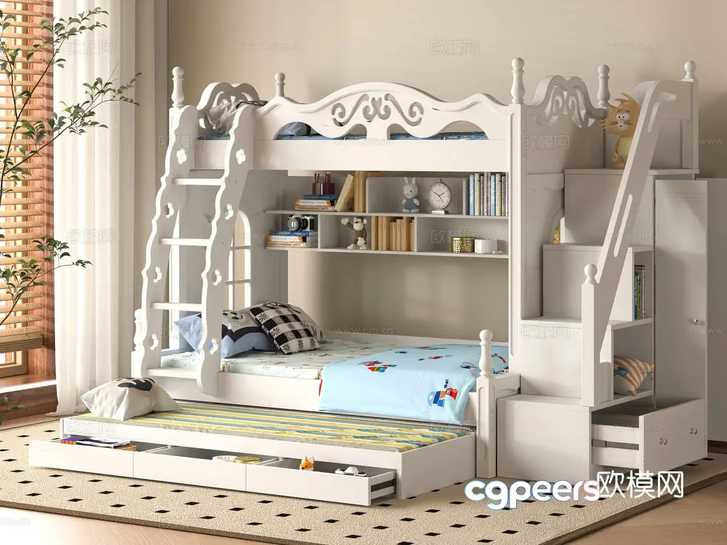Modern children getting on and off the bed 3d model