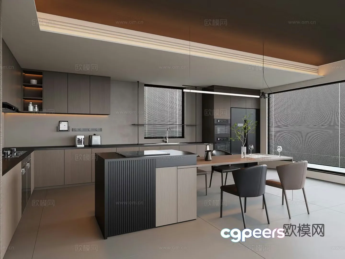 Modern Italian kitchen cabinets dining table and chairs bar refrigerator 3d model