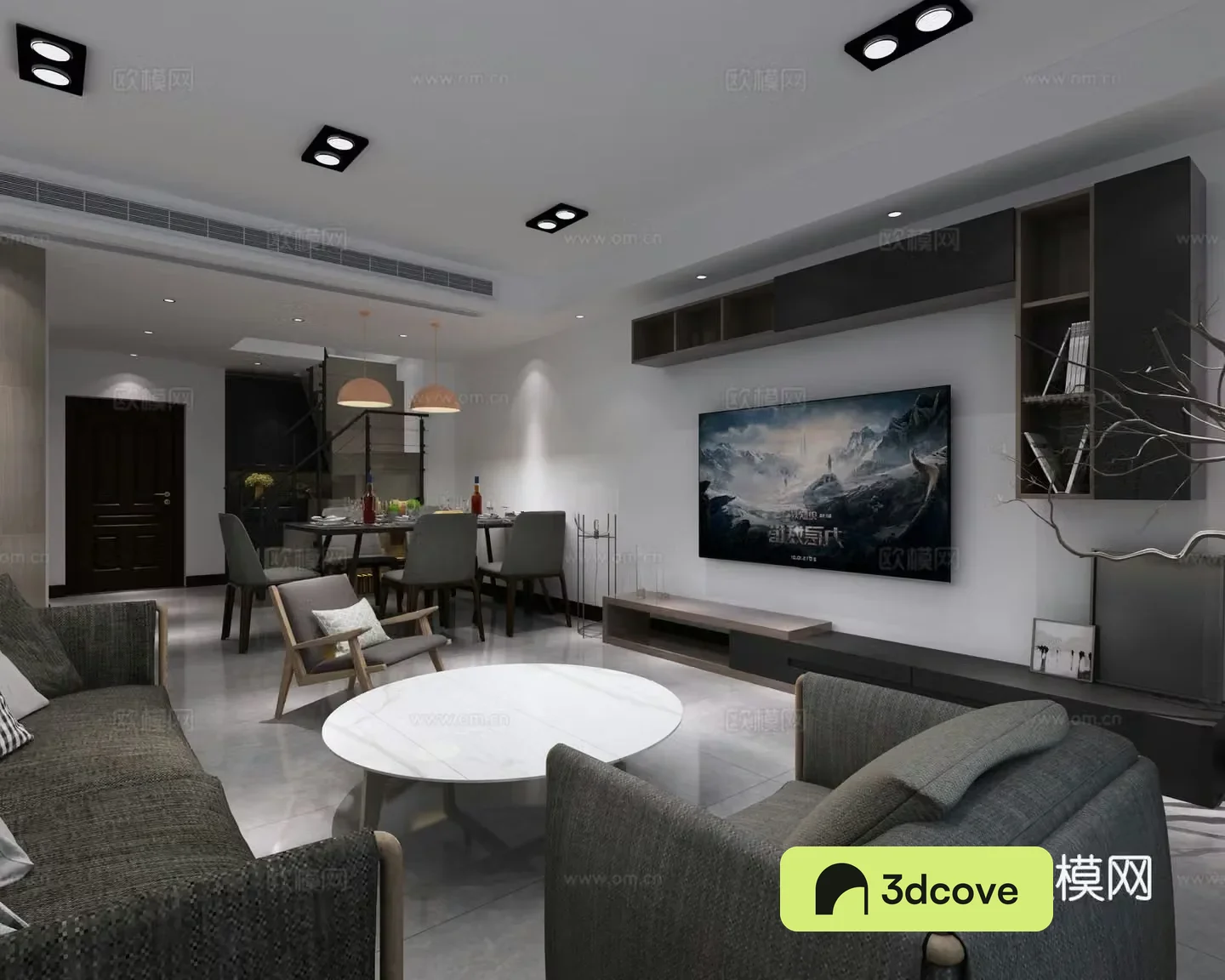Modern living and dining room bedroom Multi-person sofa Single sofa Coffee table Storage rack Double bed
