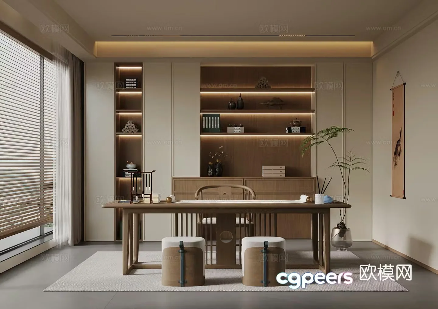 New Chinese style study tea room desk and chair 3D model