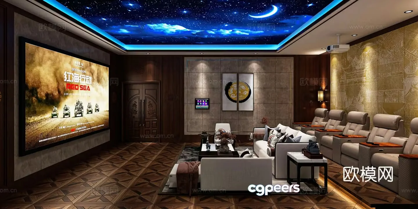 New Chinese-style audio and video studio Combination sofa Multi-person sofa 3D model