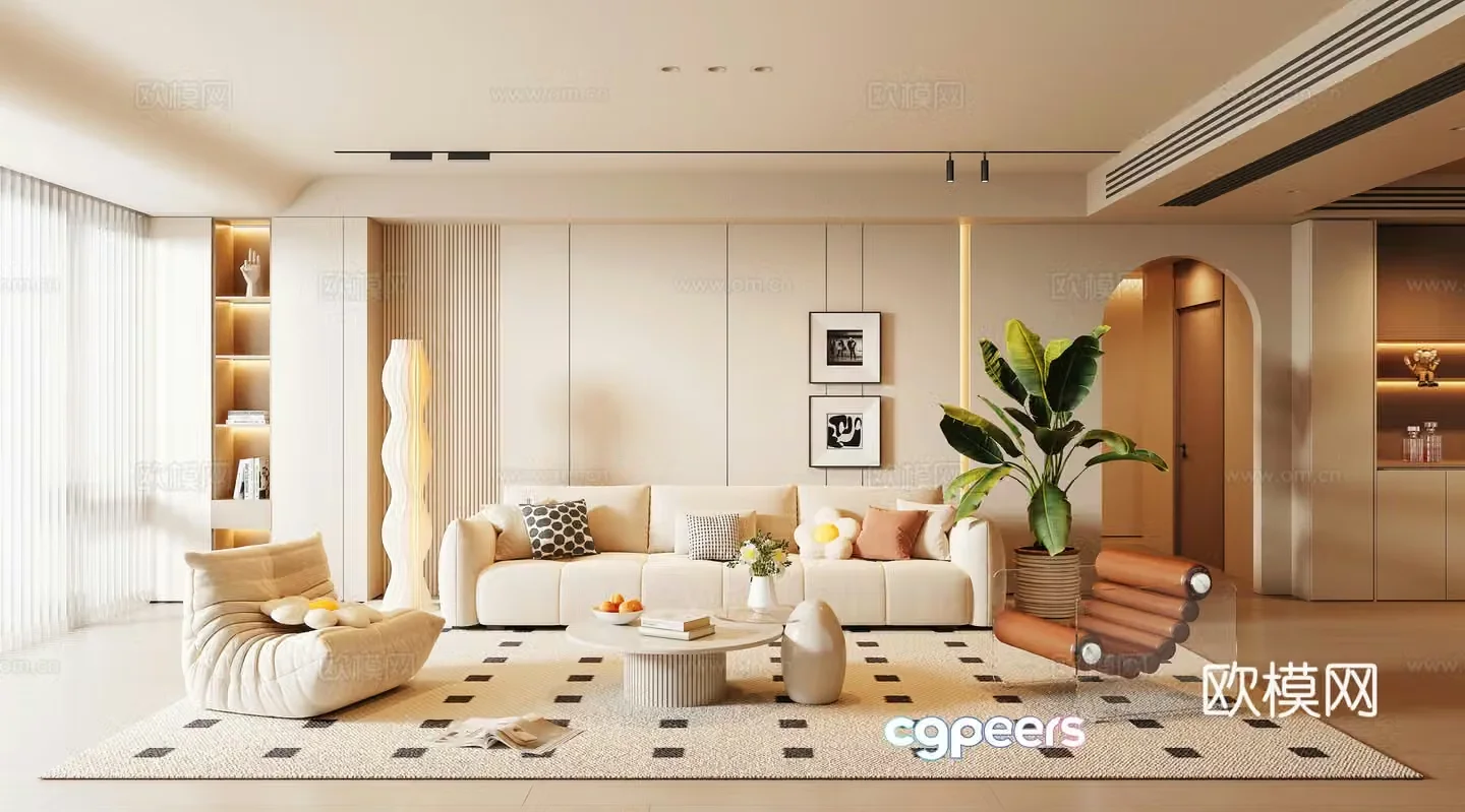 Modern Creamy Living Room 3D Model
