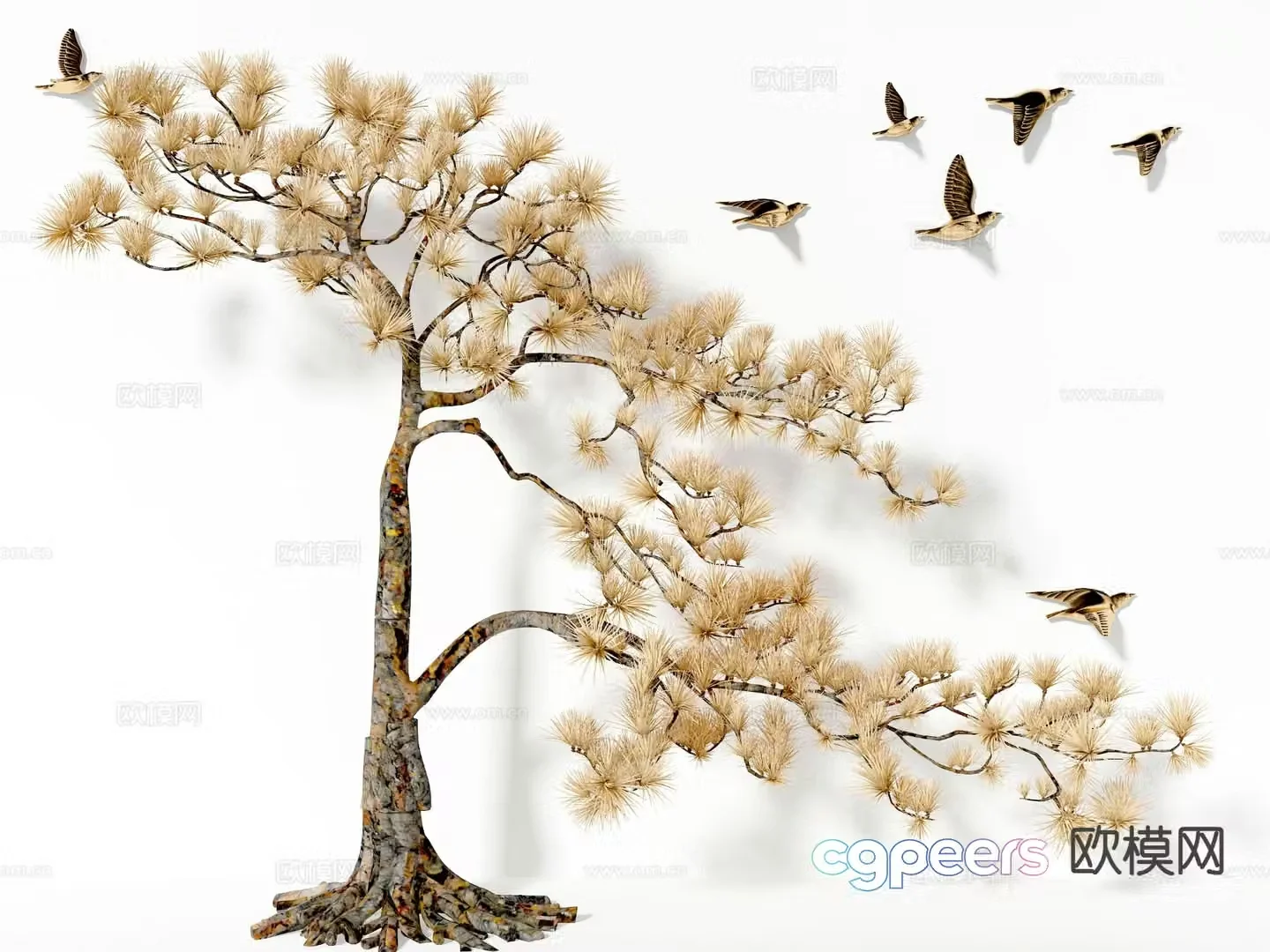 New Chinese style decorations pine tree ornaments flying birds 3D model