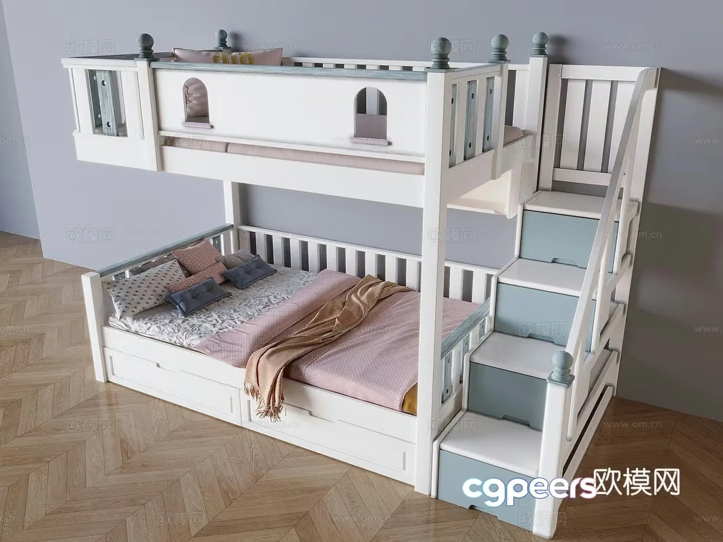 Creamy wind on the bed children’s height double -layer bed 3D model