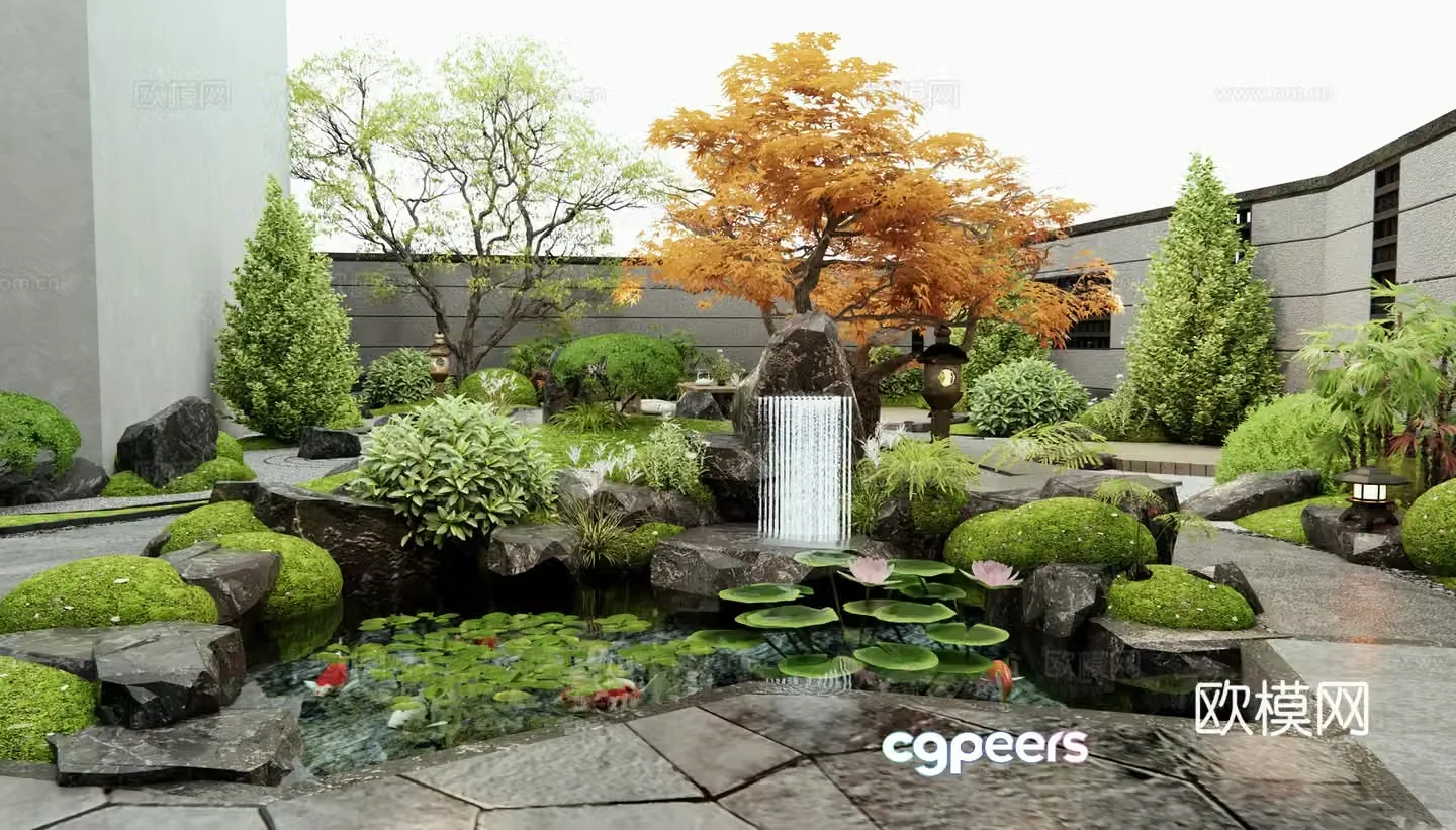 New Chinese Zen courtyard landscape rockery waterscape shrubs plant landscaping landscape stones 3d model