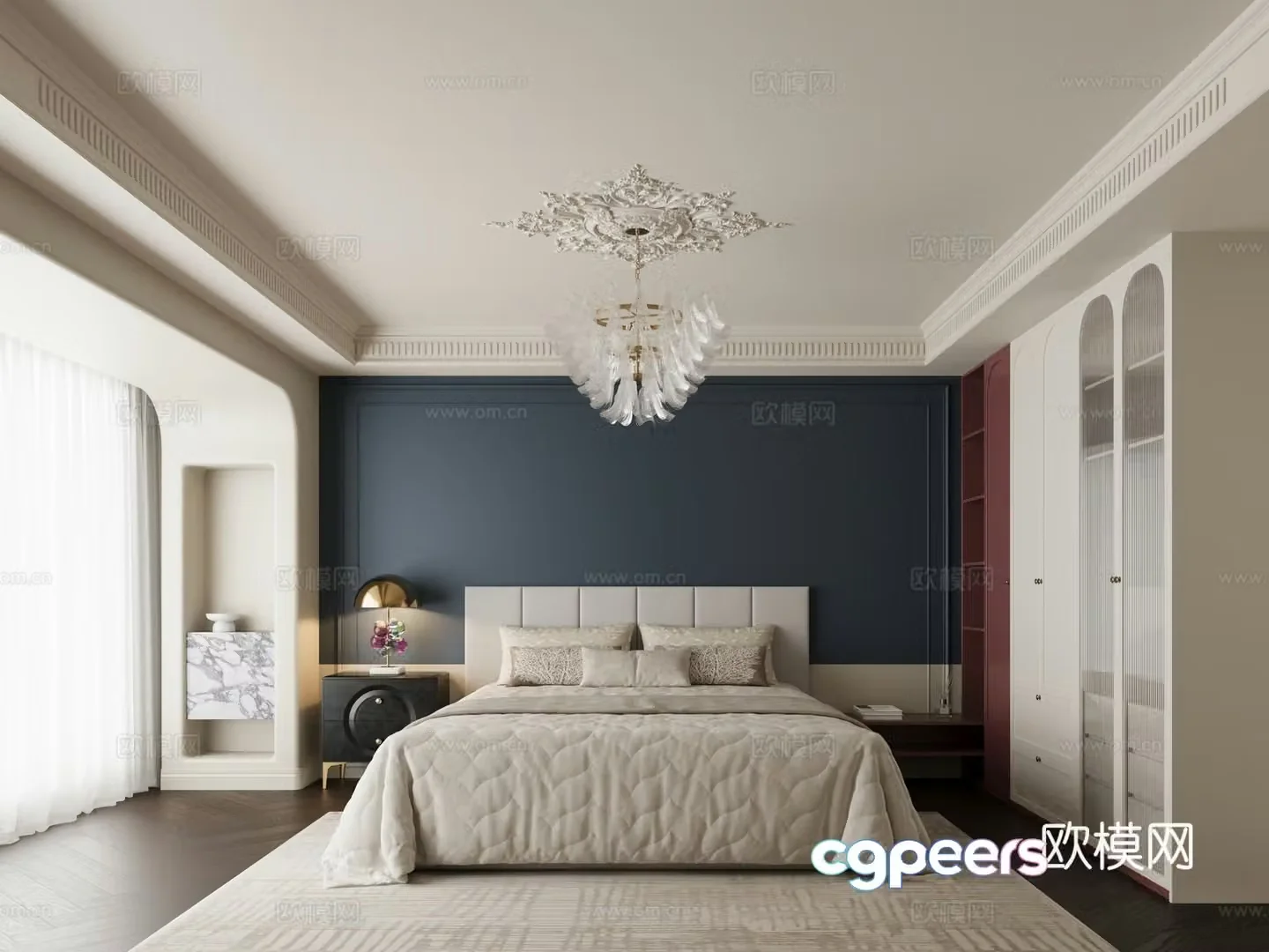 Modern light French bedroom French cream style ancient bedside table crystal chandeliers plaster lamp 3d model