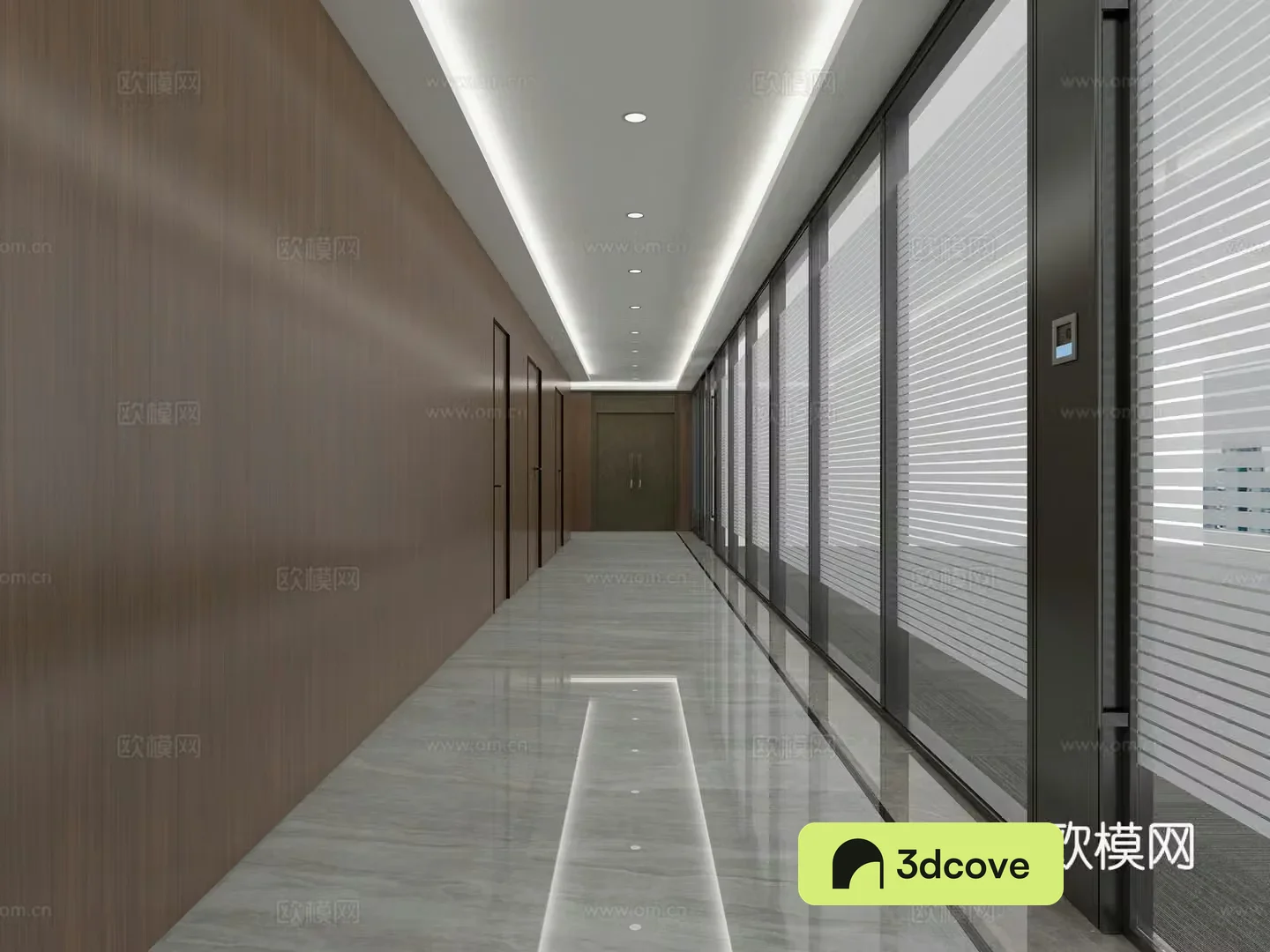 Modern corporate office corridor glass partition access control