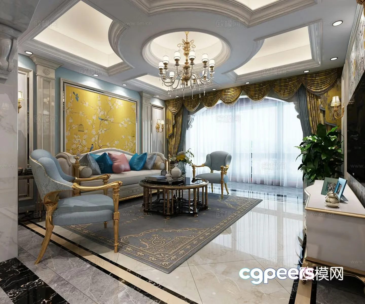 Jianmei Living Restaurant Study Room Sofa Coffee Table Chandelier Hanging Pictures TV Cabinet Ornaments Dining Table Chair 3D Model