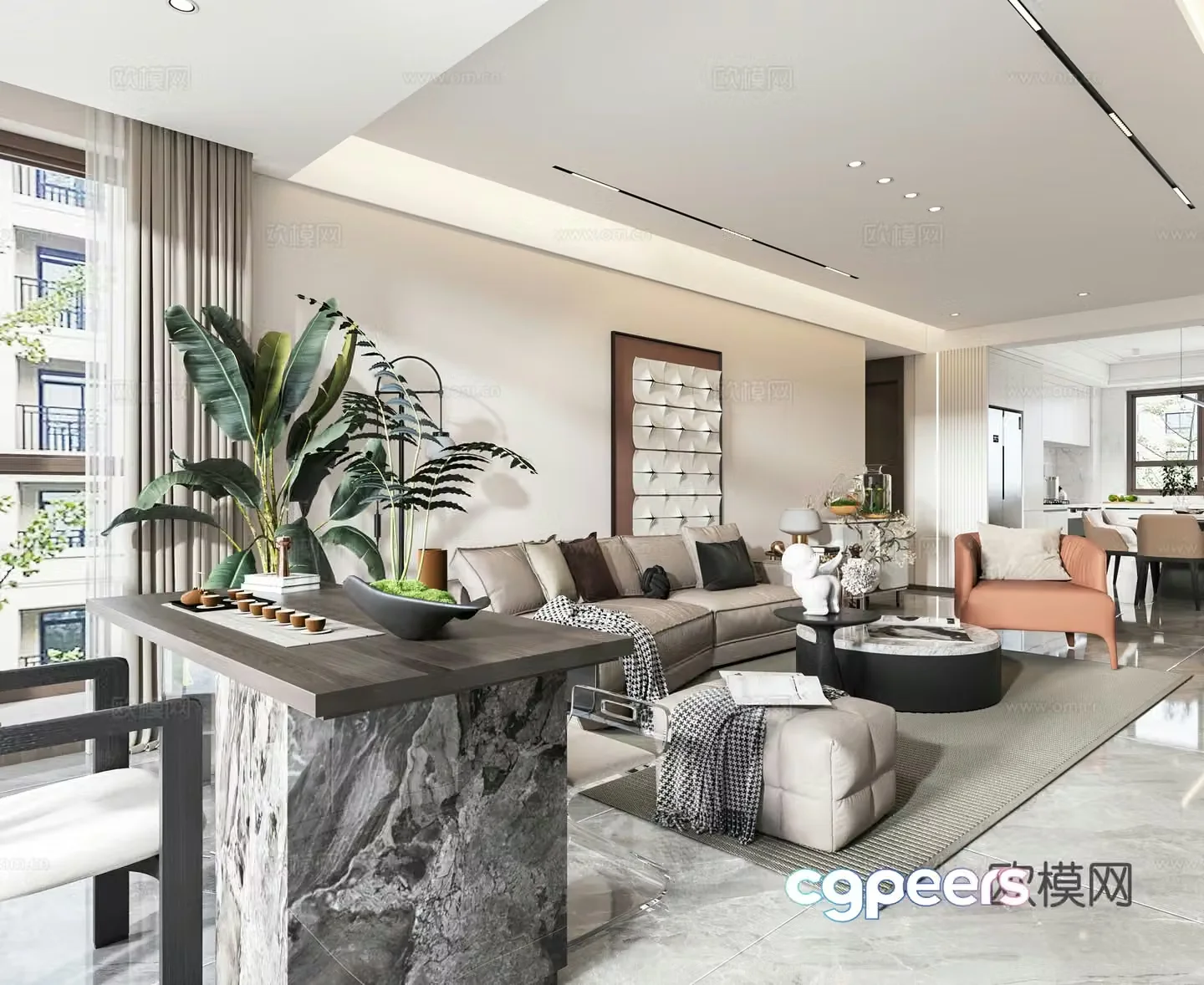 Modern living room open kitchen bathroom dry area entrance hall 3D model
