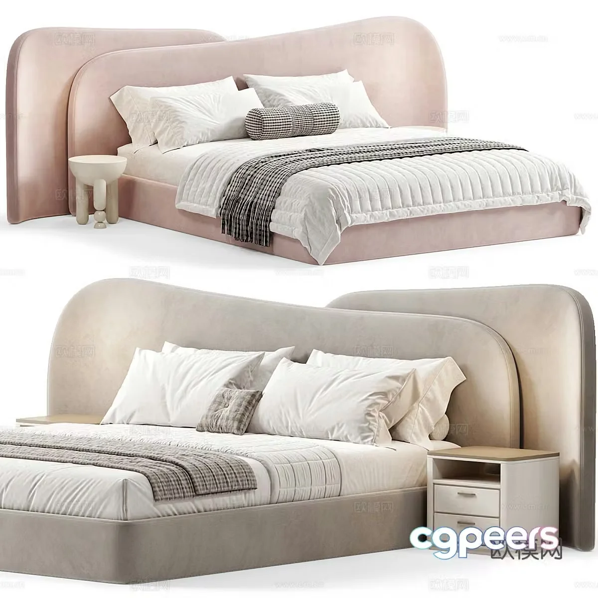 Modern cream style fabric double bed 3d model