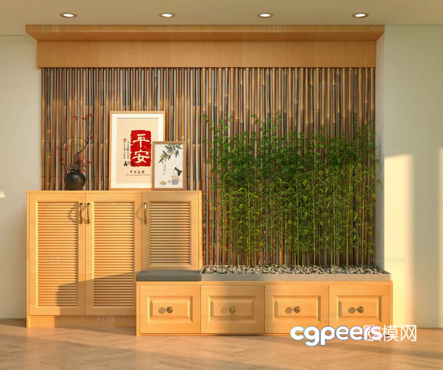 Chinese style log style entrance hall ornament landscaping 3D model