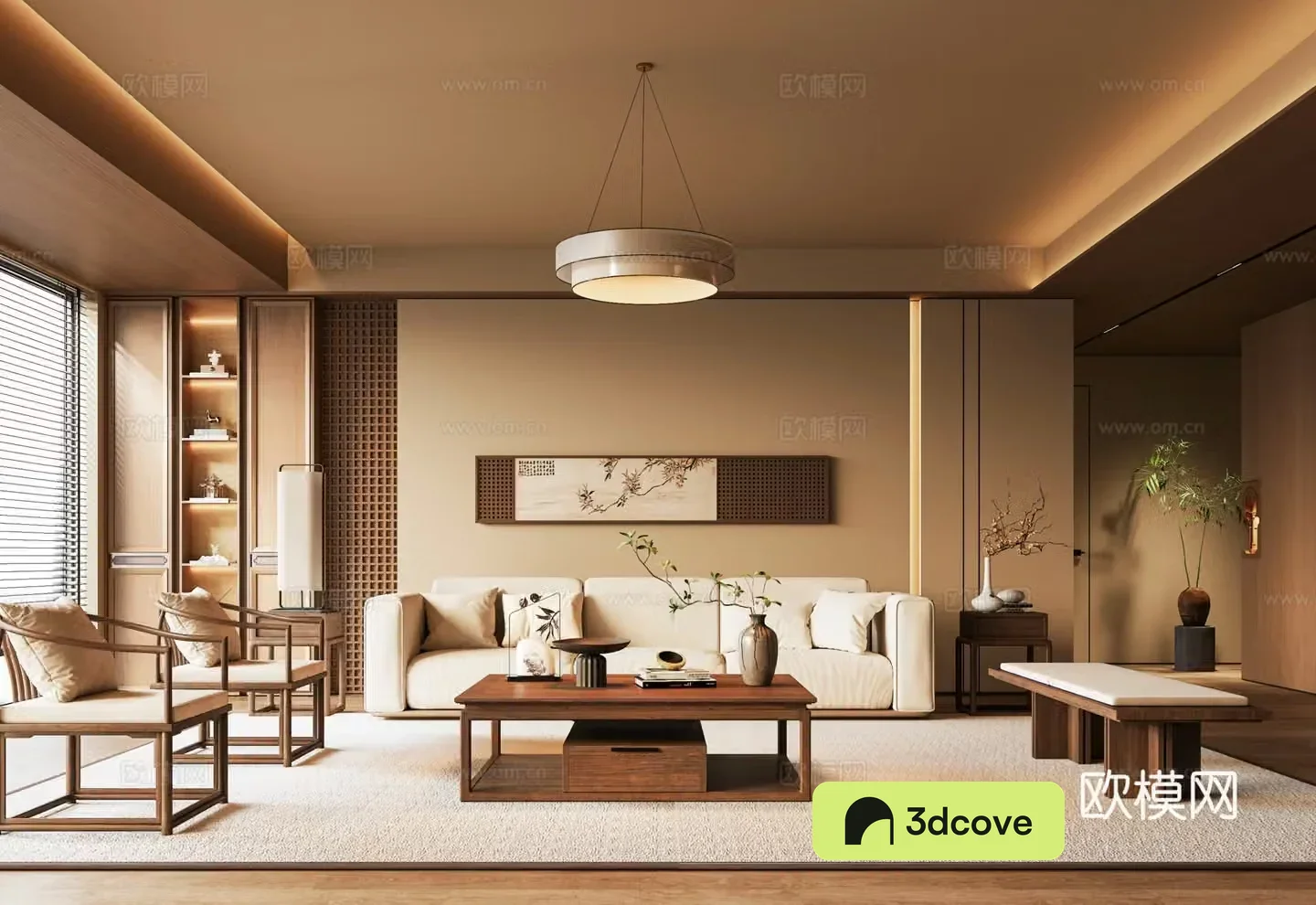 New Chinese living room sofa coffee table combination chandelier sofa background wall green plant potted plant