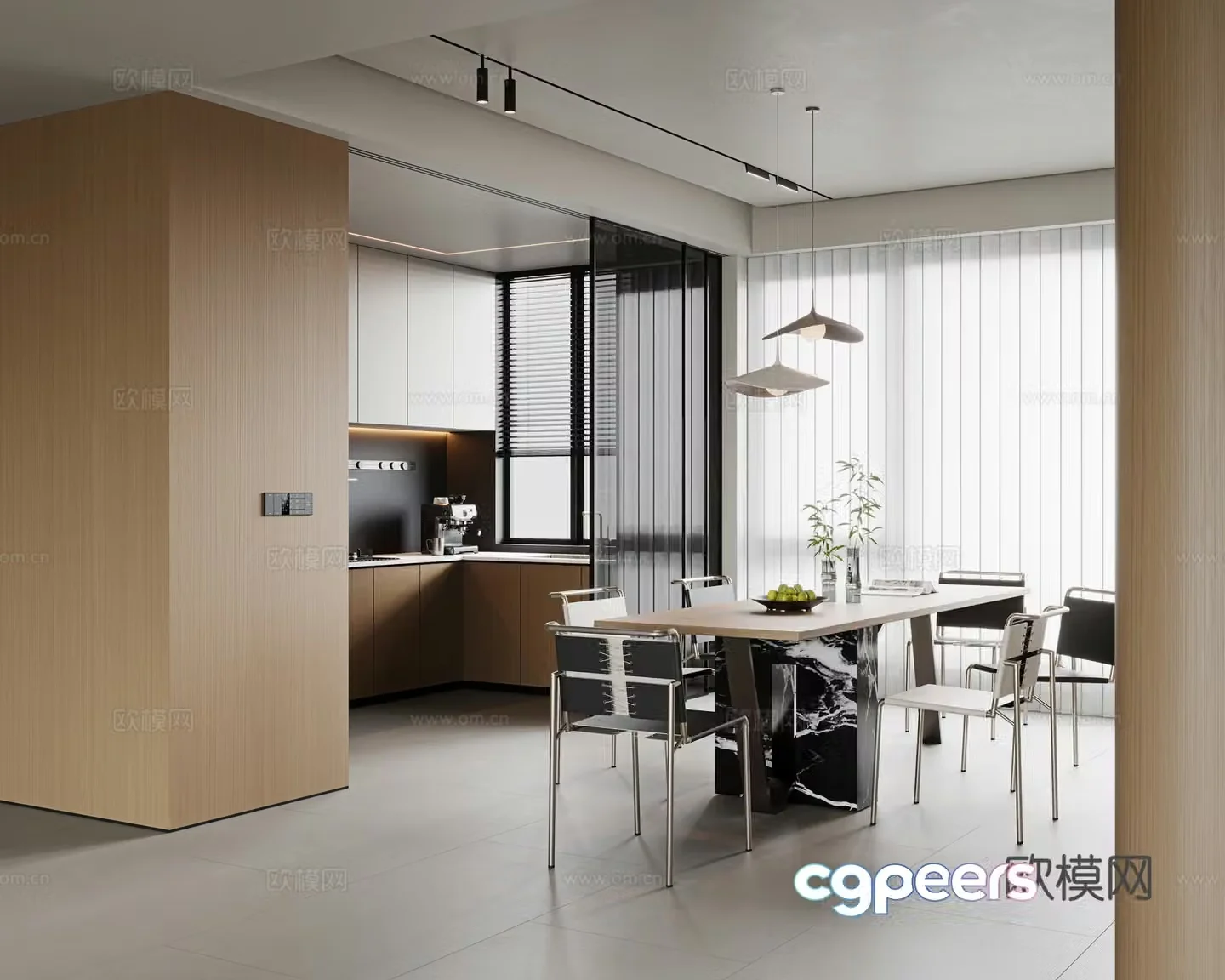 Italian minimalist restaurant dining table and chair combination long dining table single chair metal dining chair closed kitchen 3D model