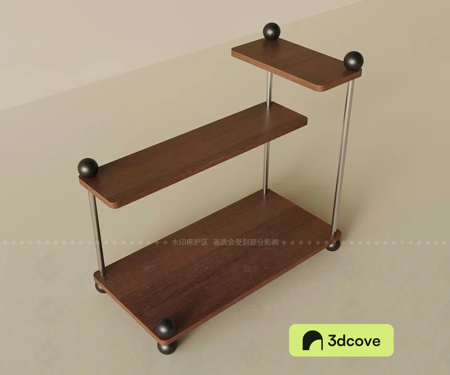 A Three-Tiered Shelf With Dark Wood And Metal Accents