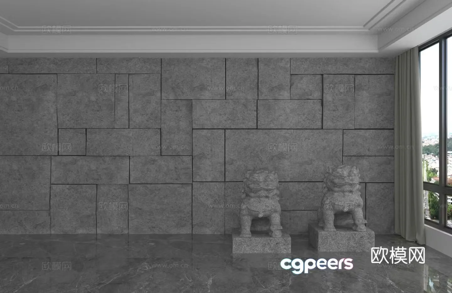 Chinese style stone wall stone lion background wall 3d model