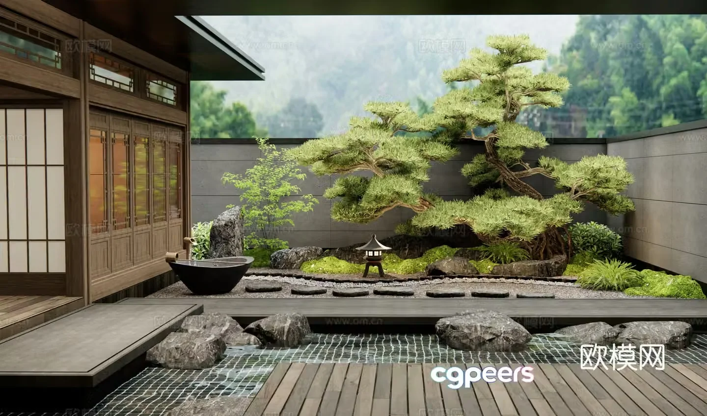 Chinese-style courtyard landscape plant landscaping landscape stone waterscape welcome pine courtyard sketch 3d model