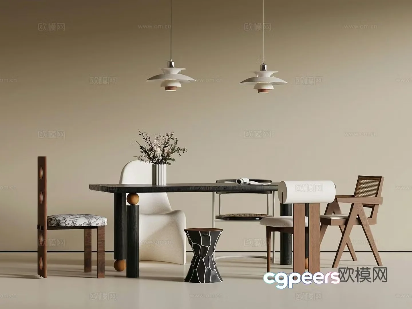 French retro dining table and chair 3d model