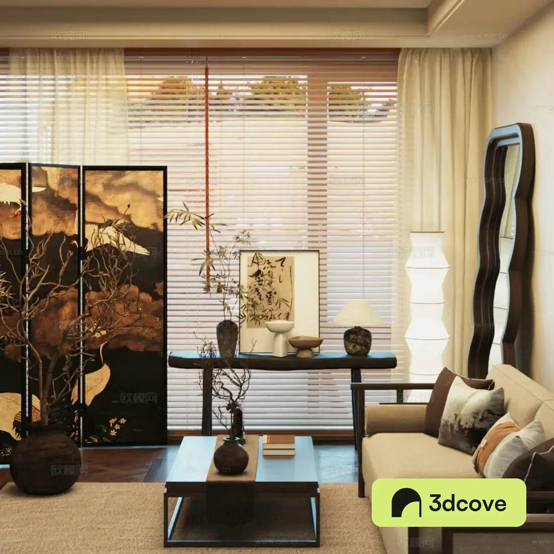New Chinese style double sofa solid wood sofa screen full-body mirror solid wood strip
