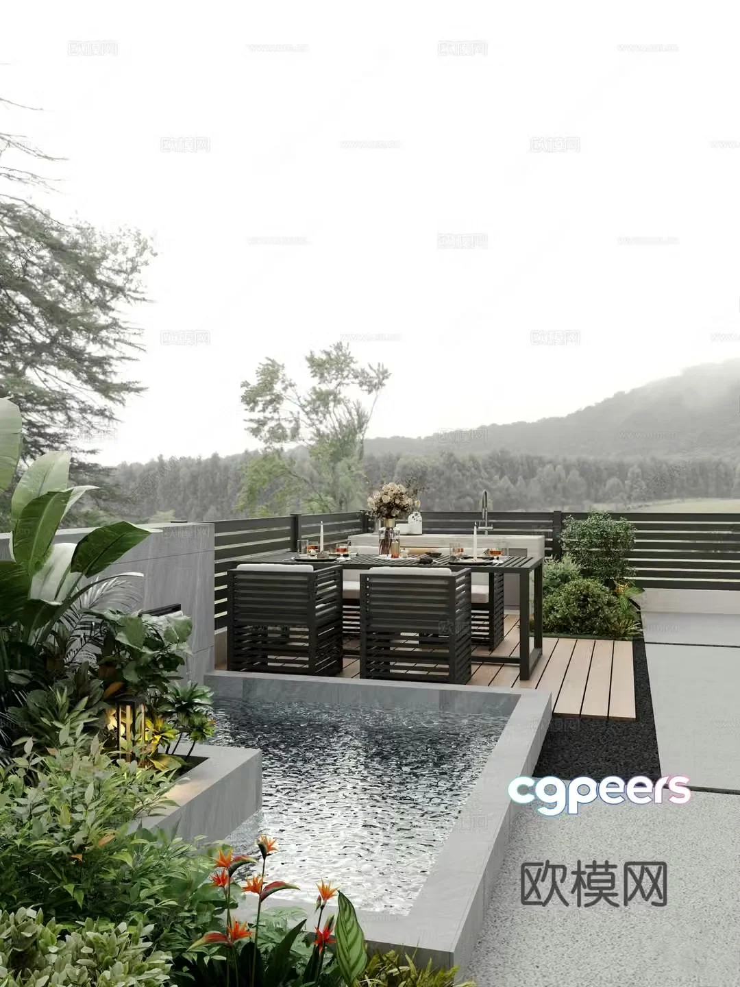 Modern balcony fish pond green plants leisure tables and chairs wooden floor 3d model