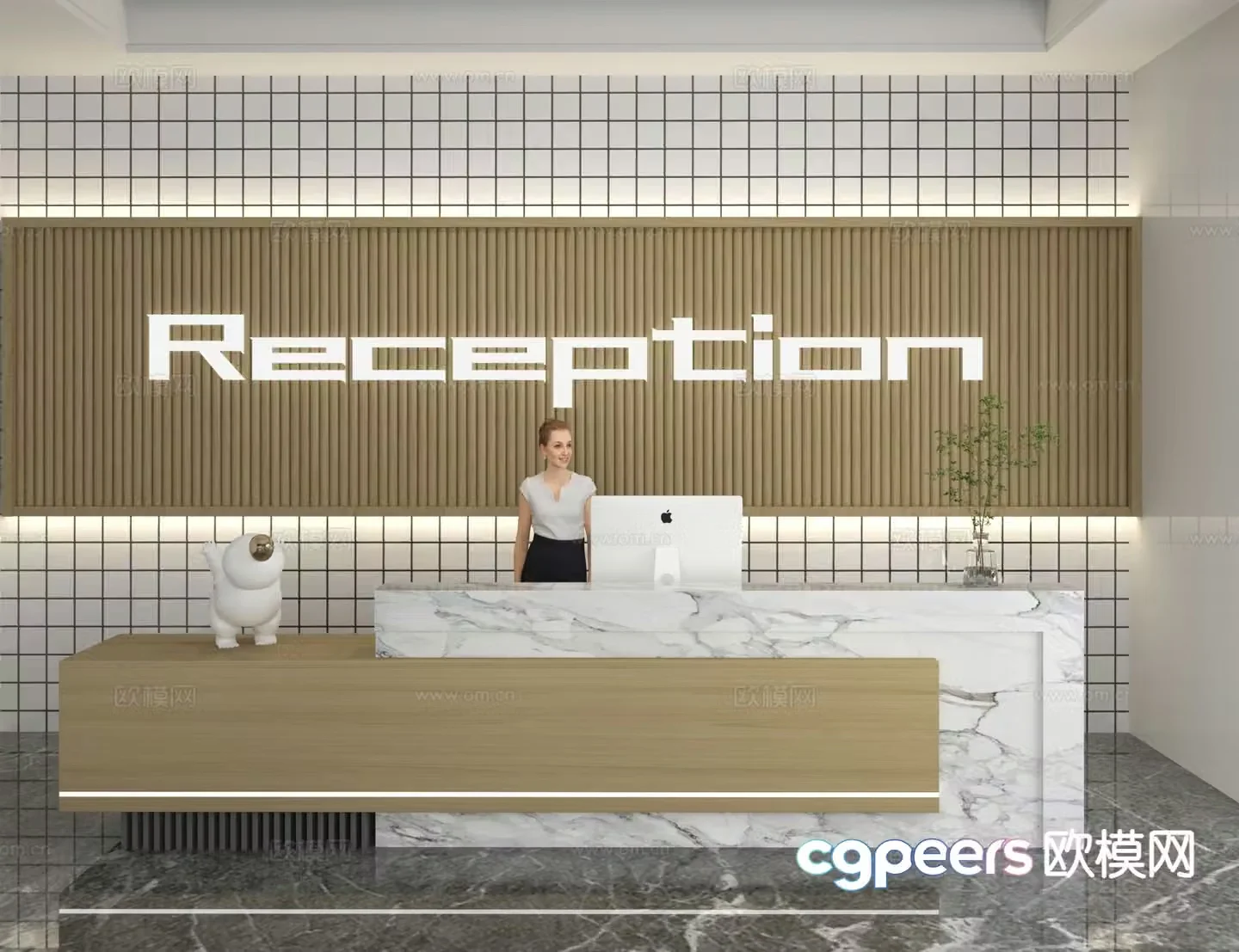 Modern front desk reception desk information desk office background 3d model