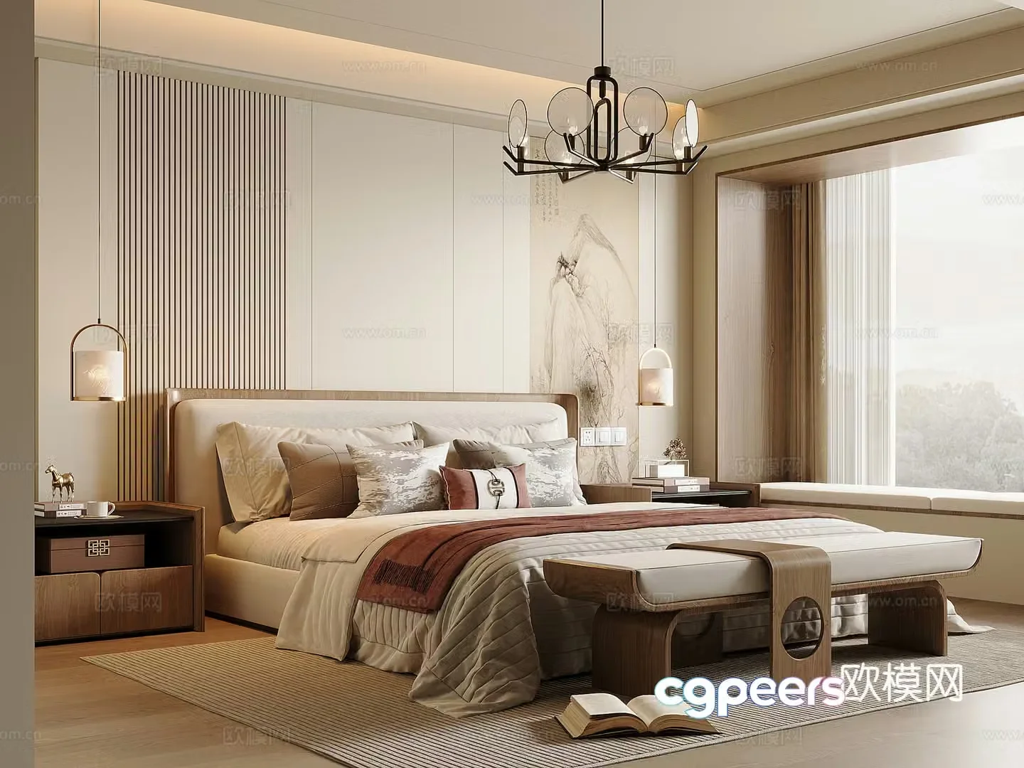 New Chinese style bedroom Song style solid wood double bed bed nightstand bed end stool Chinese style chandelier 3D model
