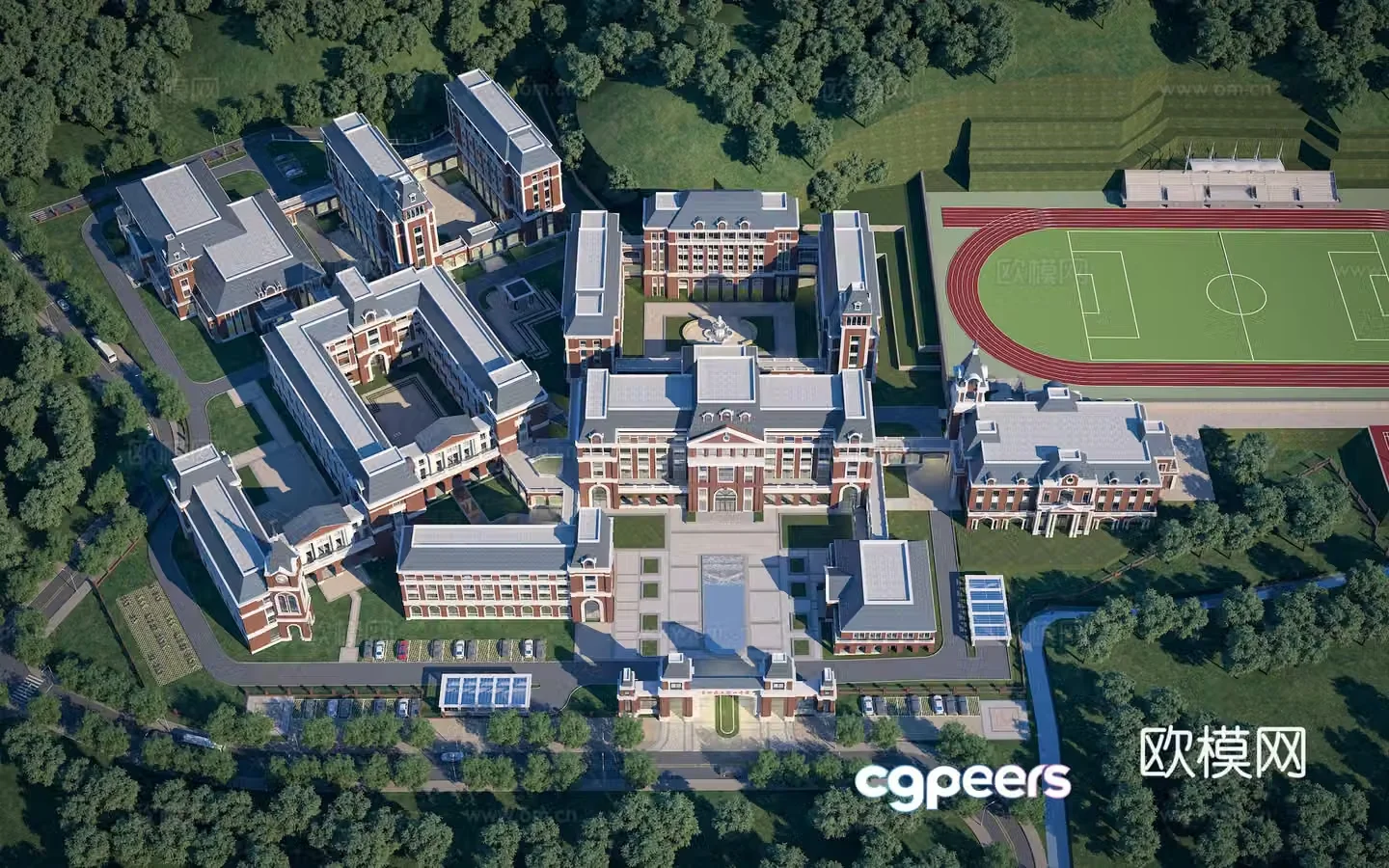 A bird’s eye view of modern simple European school middle school 3D model