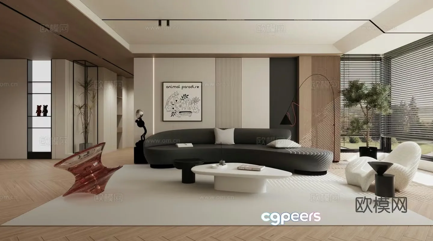 Modern minimalist log living room 3d model