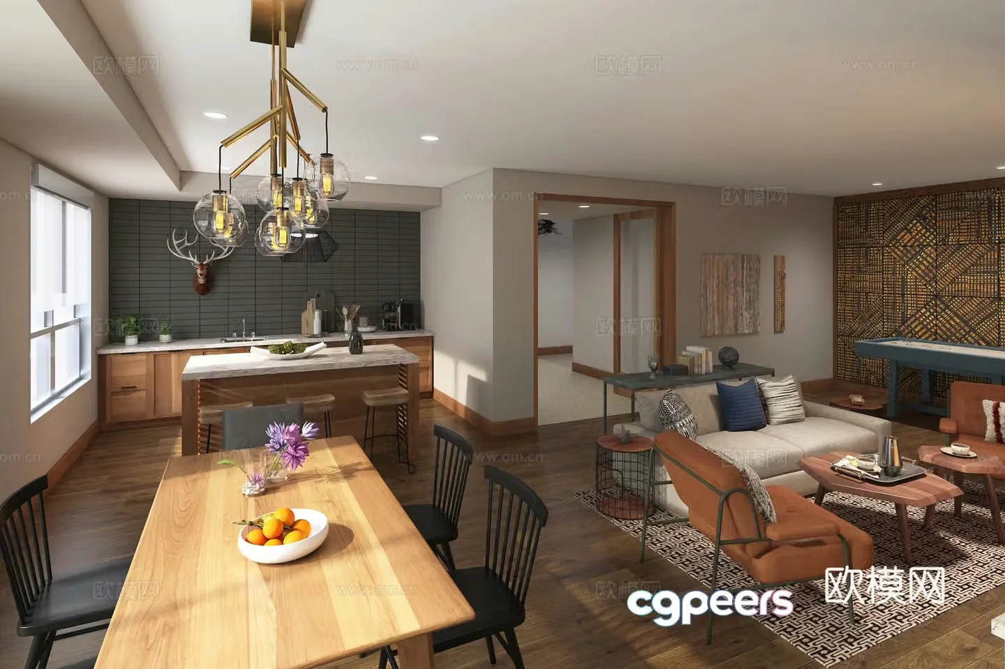 American apartment living and dining room chandeliers dining table and chair chandeliers 3d model