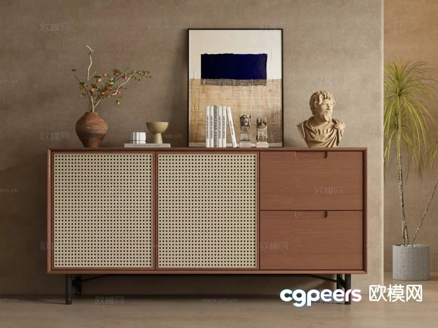 Medieval style side cabinet entrance cabinet rattan cabinet 3D model
